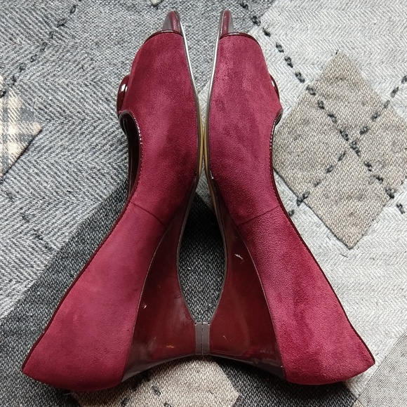 Raspberry Suede Franco Sarto Peep Button Wedge - Picture 3 of 8